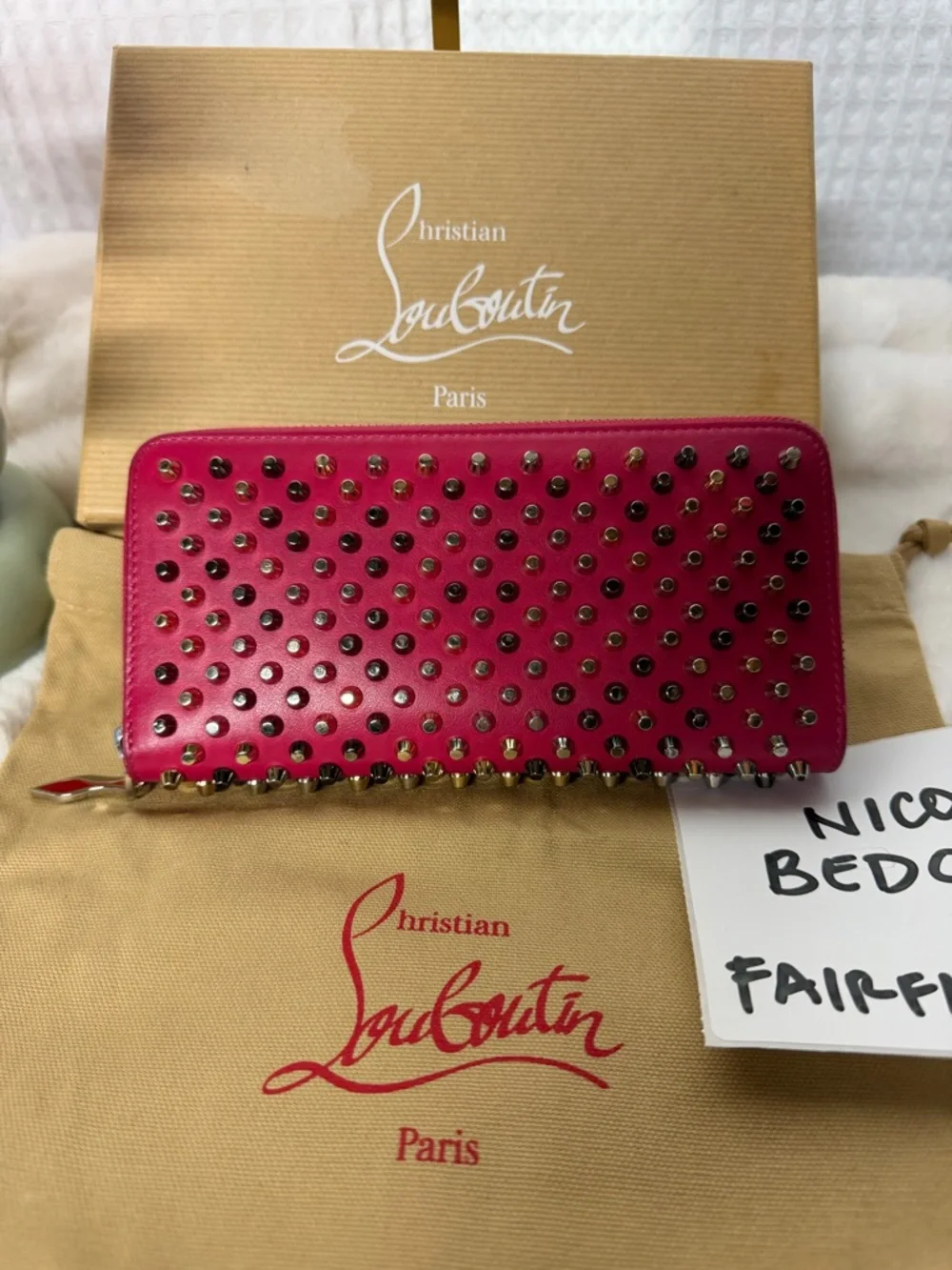 Christian Louboutin Studded Panettone Zip Around Wallet Pink Spiked Leather